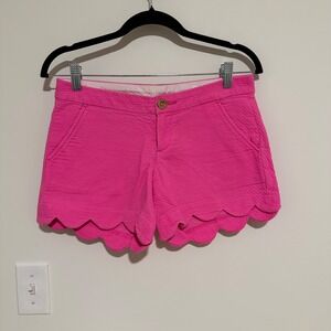 Lilly Pulitzer Buttercup Stretch Shorts Hot Pink Seersucker Scalloped Hem Size 0